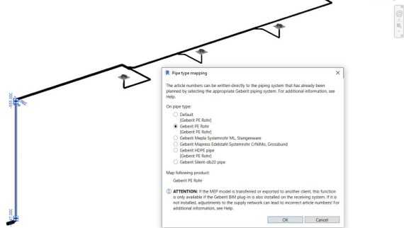 přiřazení katalogového čísla k vybraným potrubím v Geberit BIM plug-in