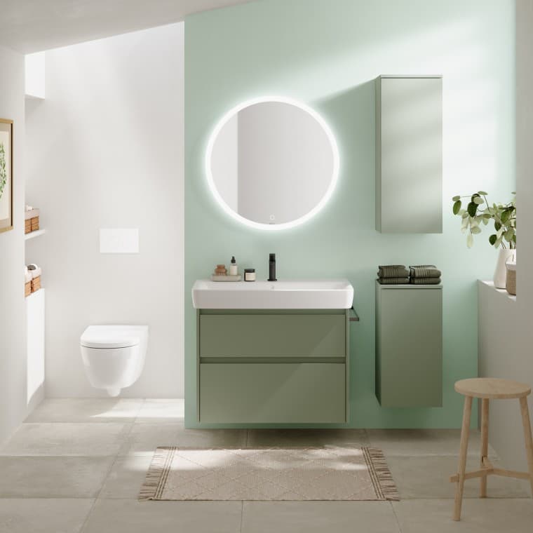 Geberit Selnova Square nábytek v zelené barvě v kombinaci s čistě bílou Geberit Selnova Square nábytek v zelené barvě v kombinaci s čistě bílou