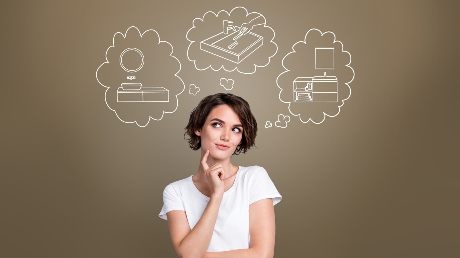 Žena přemýšlí o své vysněné koupelně Žena přemýšlí o své vysněné koupelně