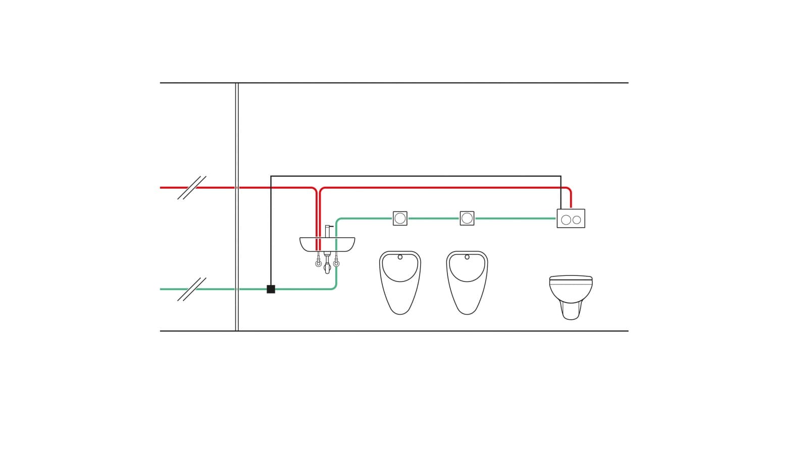 Příklad zapojení teplotně řízené skryté splachovací nádržky s hygienickou splachovací jednotkou a použitím teplotního čidla (© Geberit) Příklad zapojení teplotně řízené skryté splachovací nádržky s hygienickou splachovací jednotkou a použitím teplotního čidla (© Geberit)